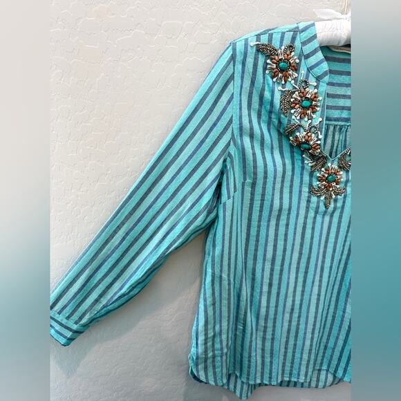 SOFT SURROUNDINGS | Turquoise Striped Embroidered Beaded Boho Tunic Top | Medium - Picture 3 of 8